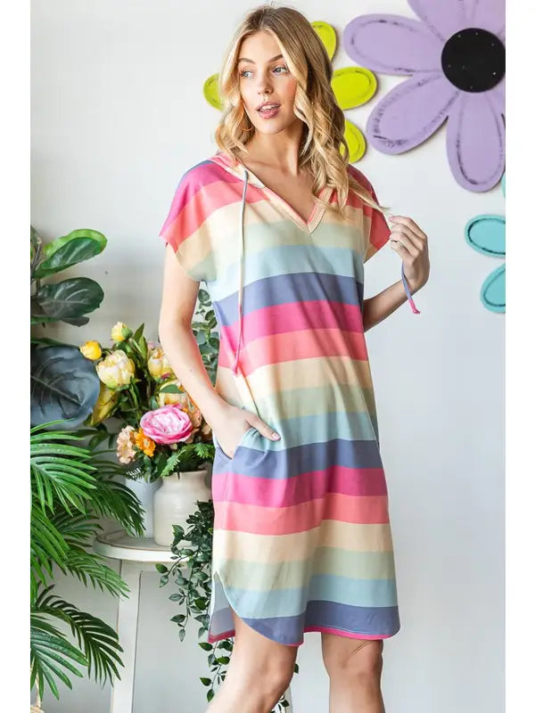 MULTICOLOR STRIPES DOLMAN SLEEVES W/POCKETS HOODIE MINI DRESS HMED6808-11