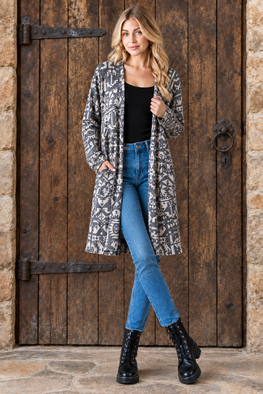 Aztec print cardigan, blonde model, new pose, rustic door background