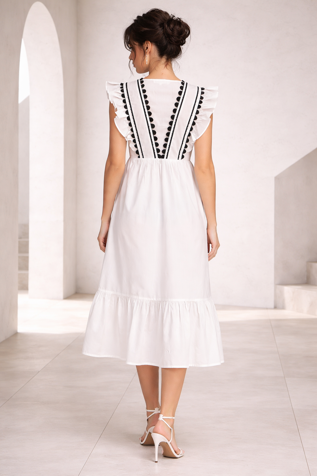 RUFFLED SLEEVE PIPING DETAIL MIDI DRESS-AVM10752W
