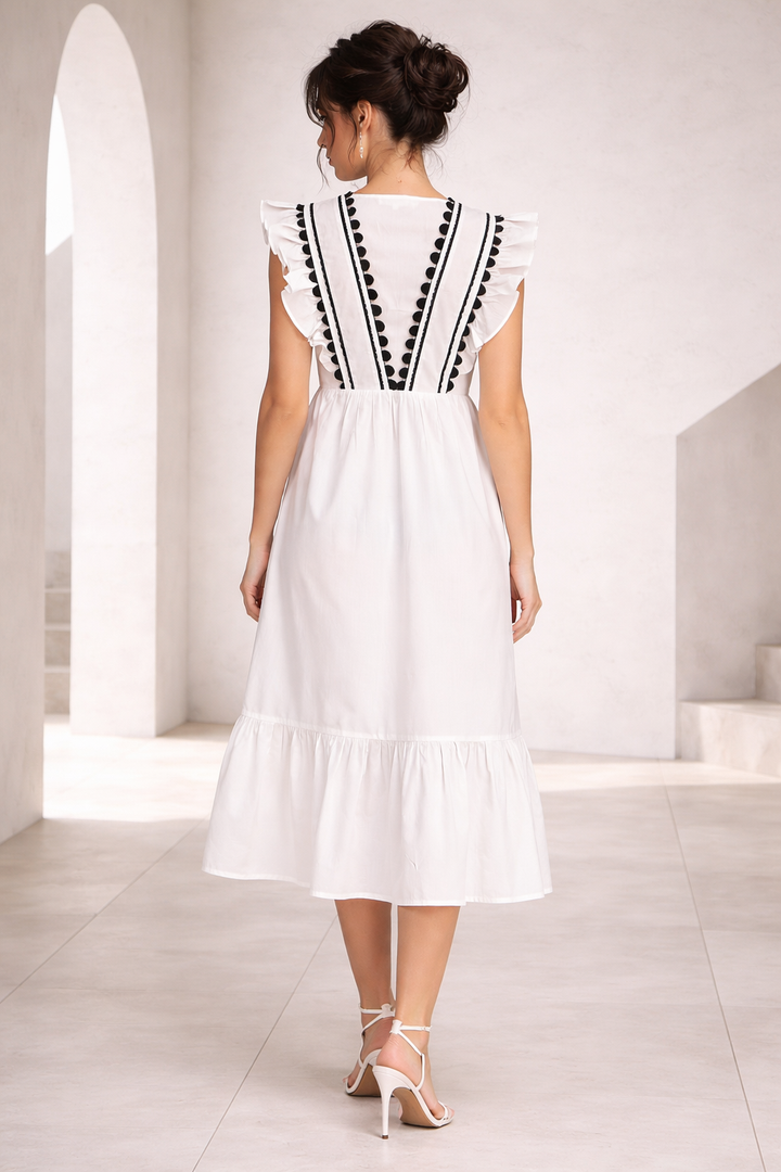RUFFLED SLEEVE PIPING DETAIL MIDI DRESS-AVM10752W