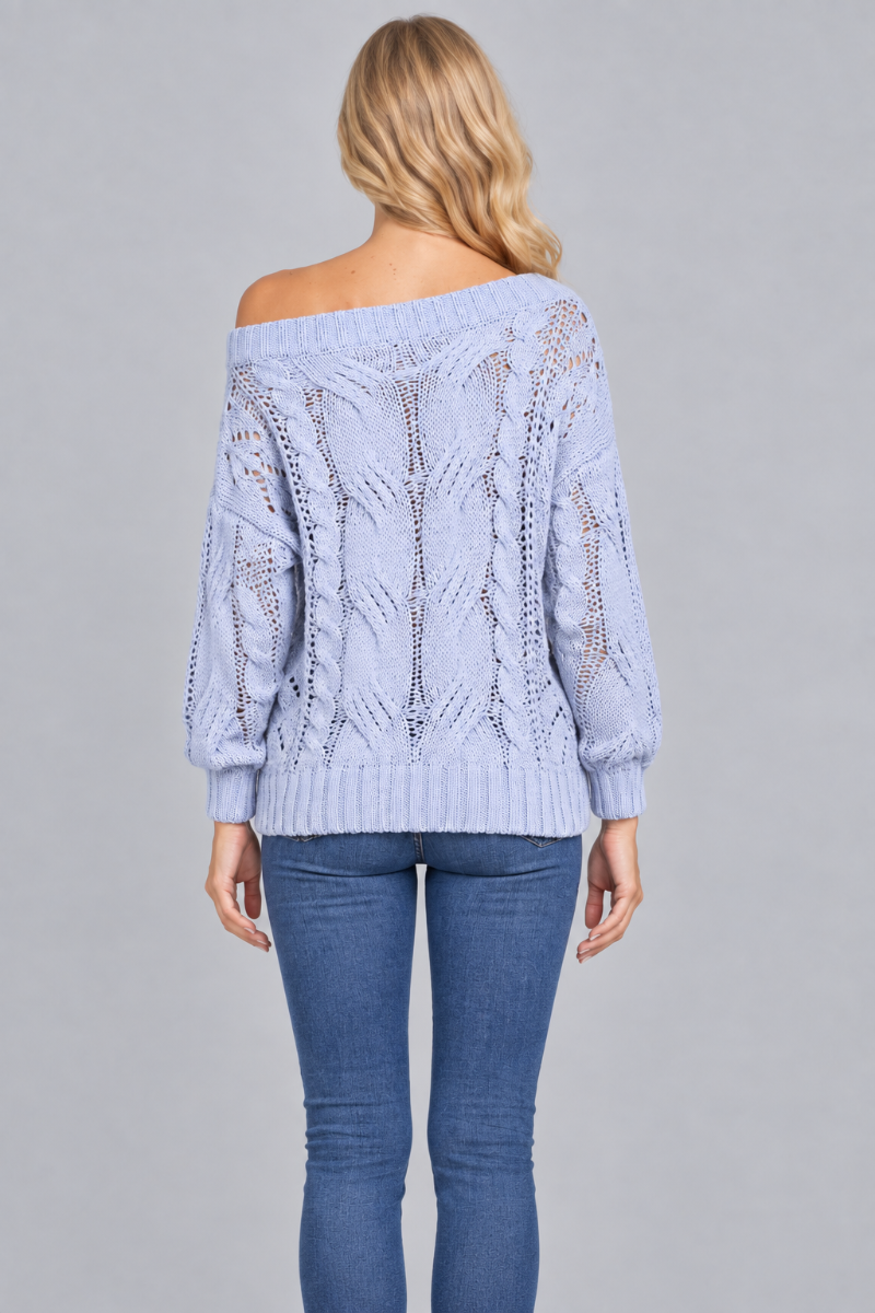 Back studio view of the blonde model wearing the pale-blue off-shoulder open-knit sweater and blue jeans
