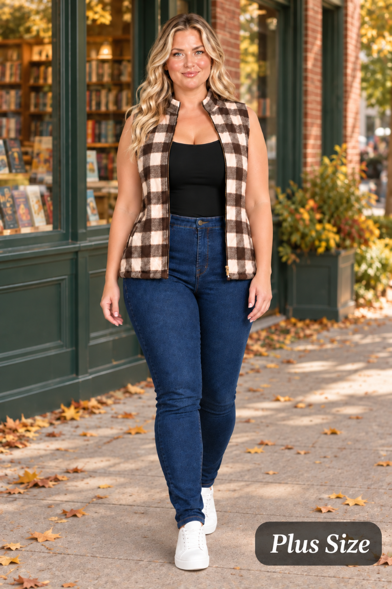 Blonde model in a full-body autumn bookstore lifestyle photo