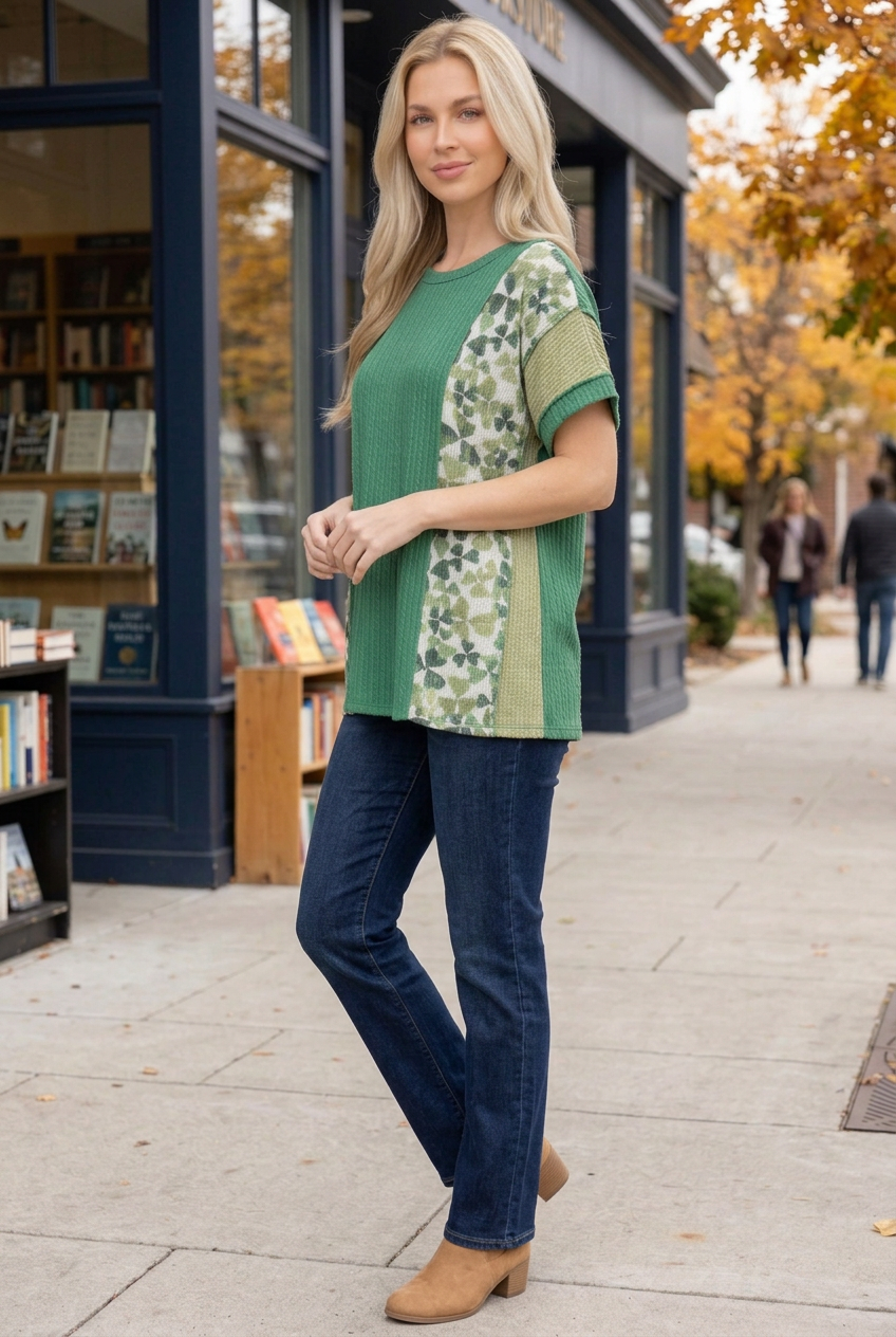 Blonde model in a half-side pose outside the autumn bookstore