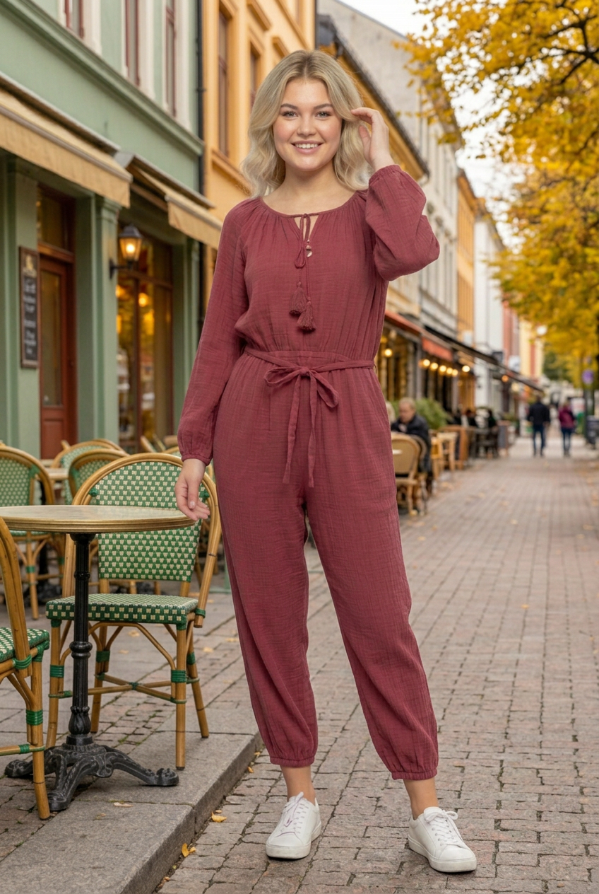 Blonde model positioned beside the café tables with realistic scale and shadows