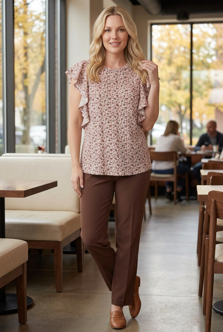 Blonde model wearing the pink floral top and brown pants in an autumn café