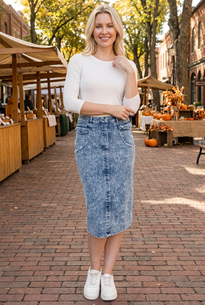 Blue denim skirt front lifestyle view