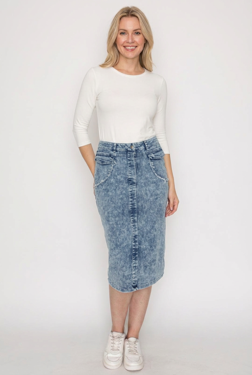 Blue denim skirt front studio view