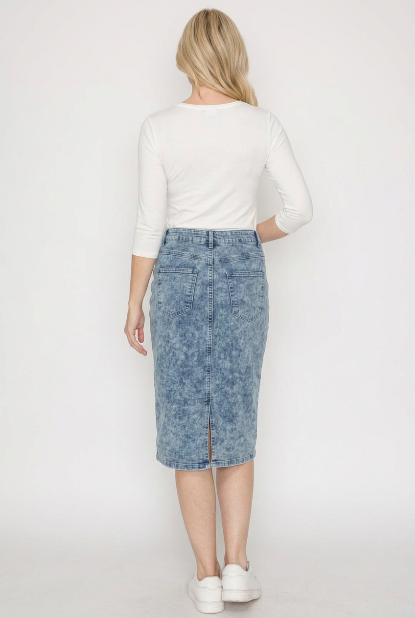 Blue denim skirt full-back studio view