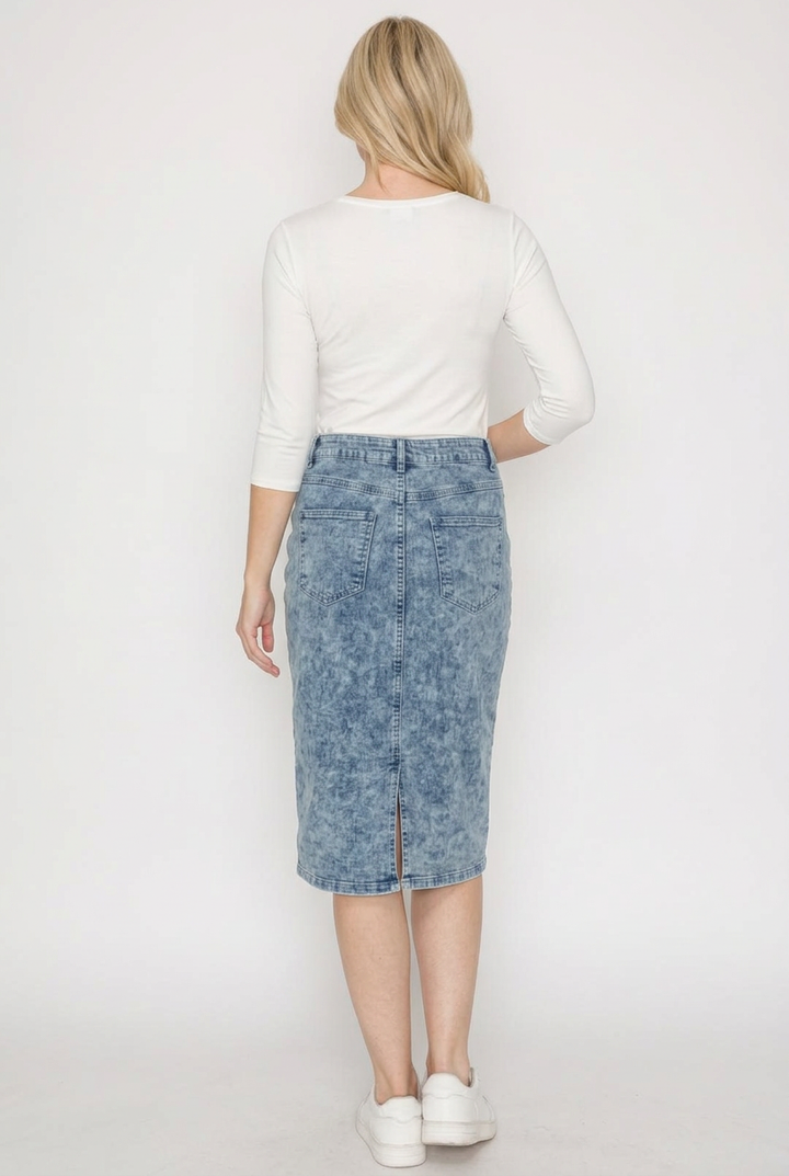 Blue denim skirt full-back studio view