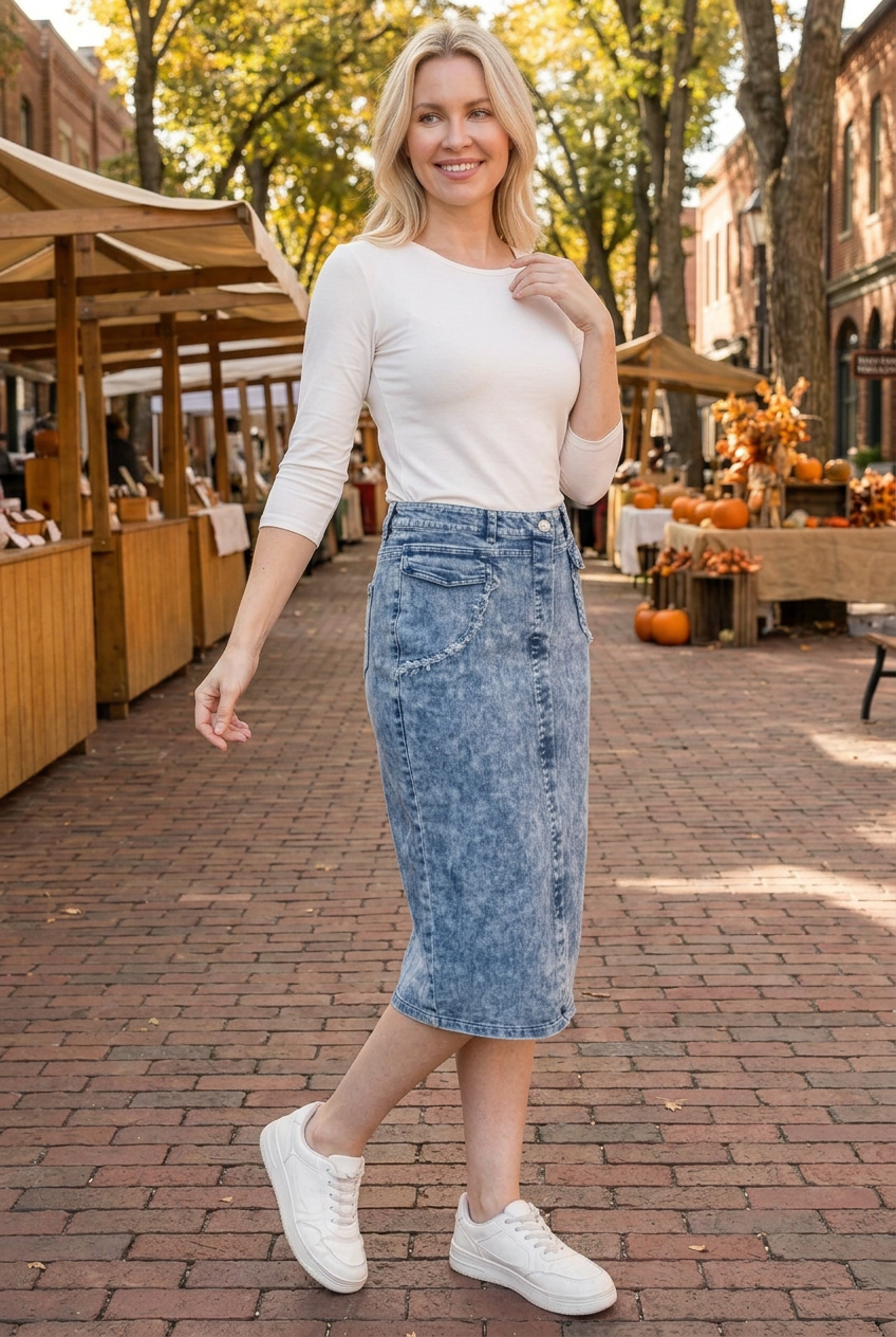 Blue denim skirt half-side lifestyle view