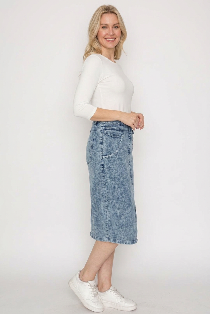 Blue denim skirt side studio view