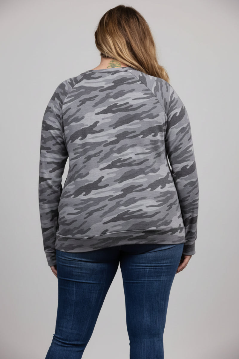 MILITARY PRINT PULLOVER PLUS SIZE TOP T7571PLB -