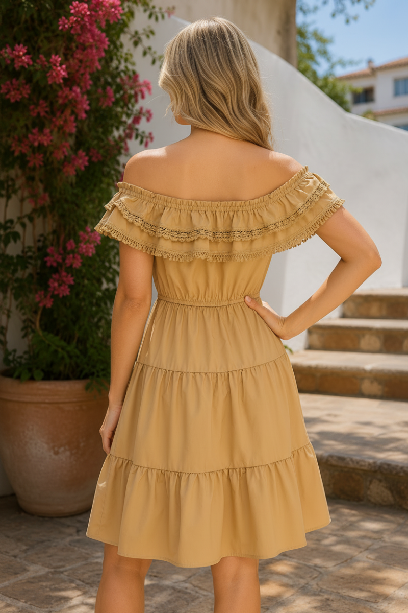 BABYDOLL OFF SHOULDER LACE DETAIL MINI DRESS-AVD51310W