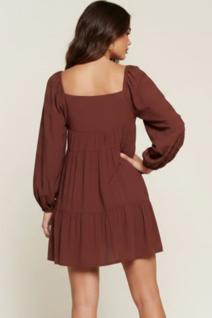 SQUARE NECK PUFF LONG SLEEVE MINI DRESS D10025