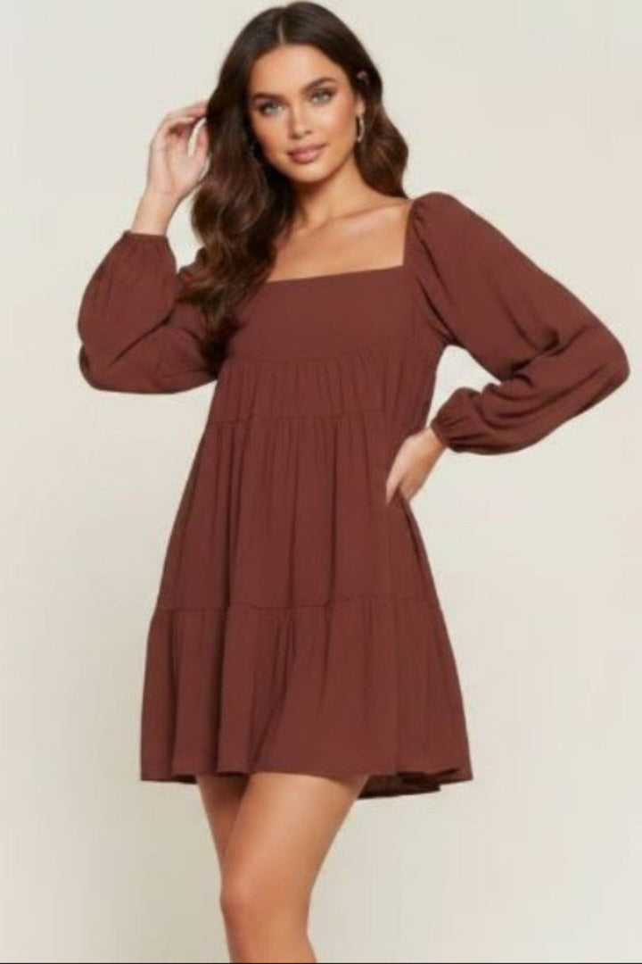 SQUARE NECK PUFF LONG SLEEVE MINI DRESS D10025