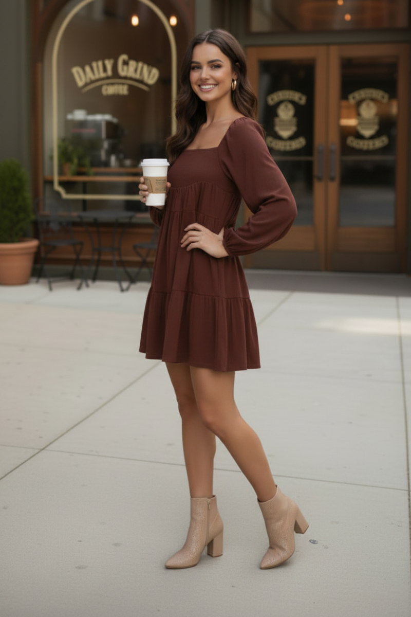 SQUARE NECK PUFF LONG SLEEVE MINI DRESS D10025