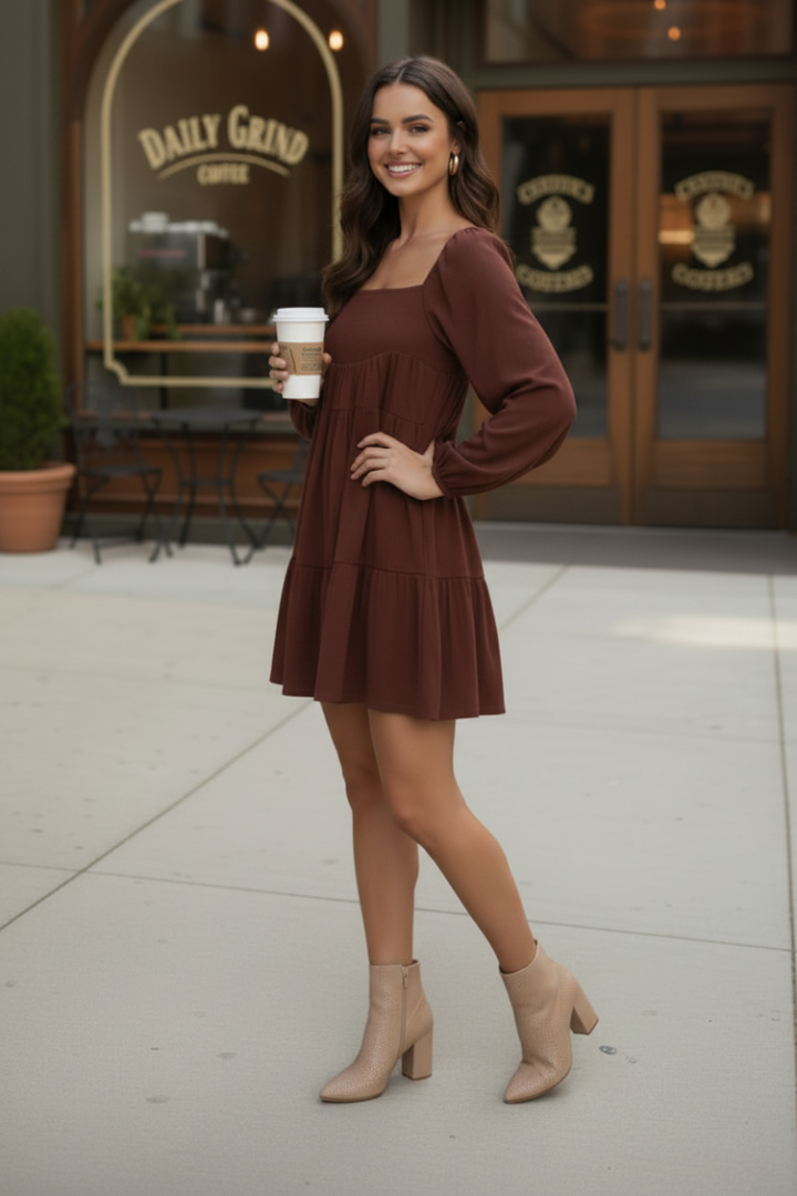 SQUARE NECK PUFF LONG SLEEVE MINI DRESS D10025