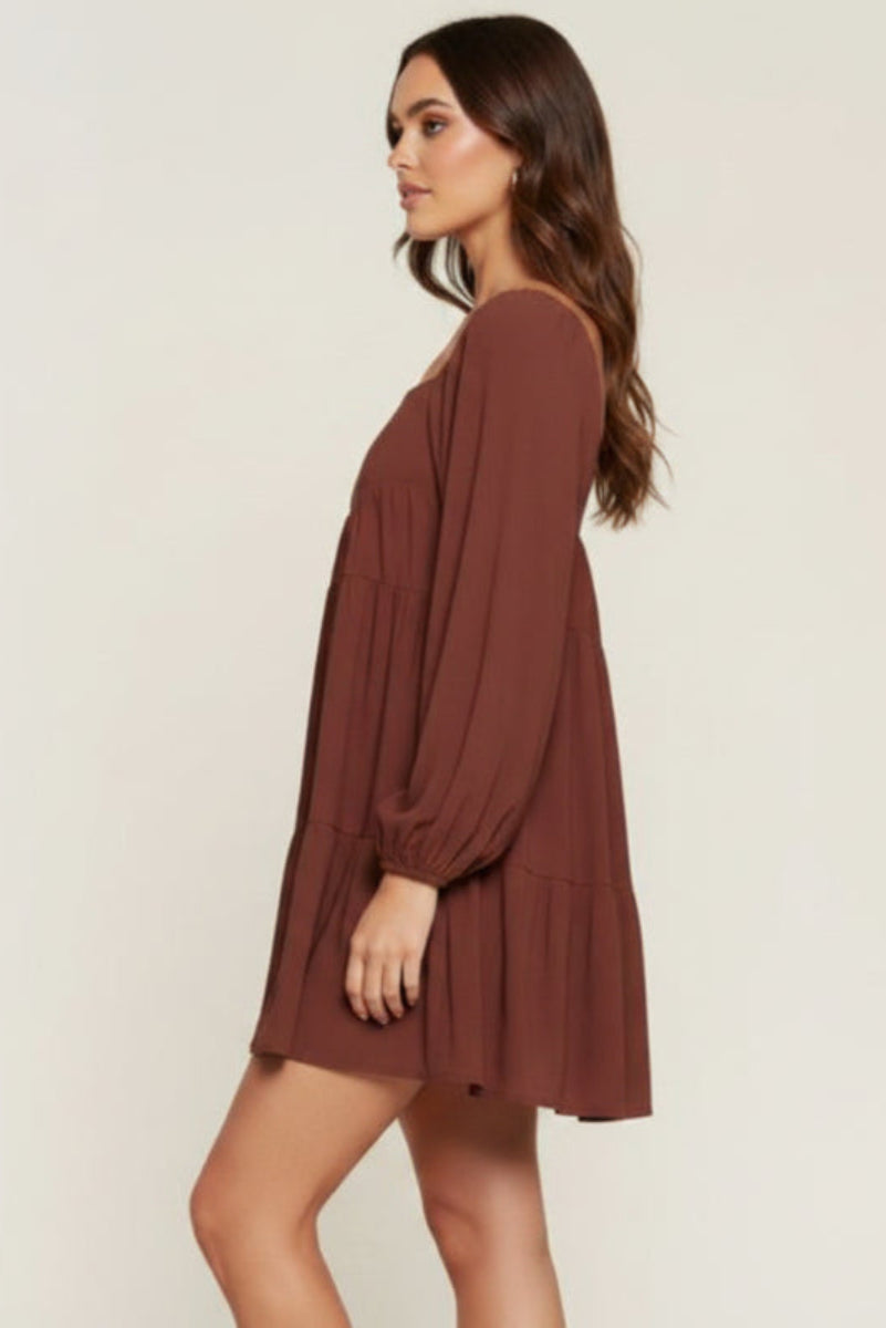 SQUARE NECK PUFF LONG SLEEVE MINI DRESS D10025