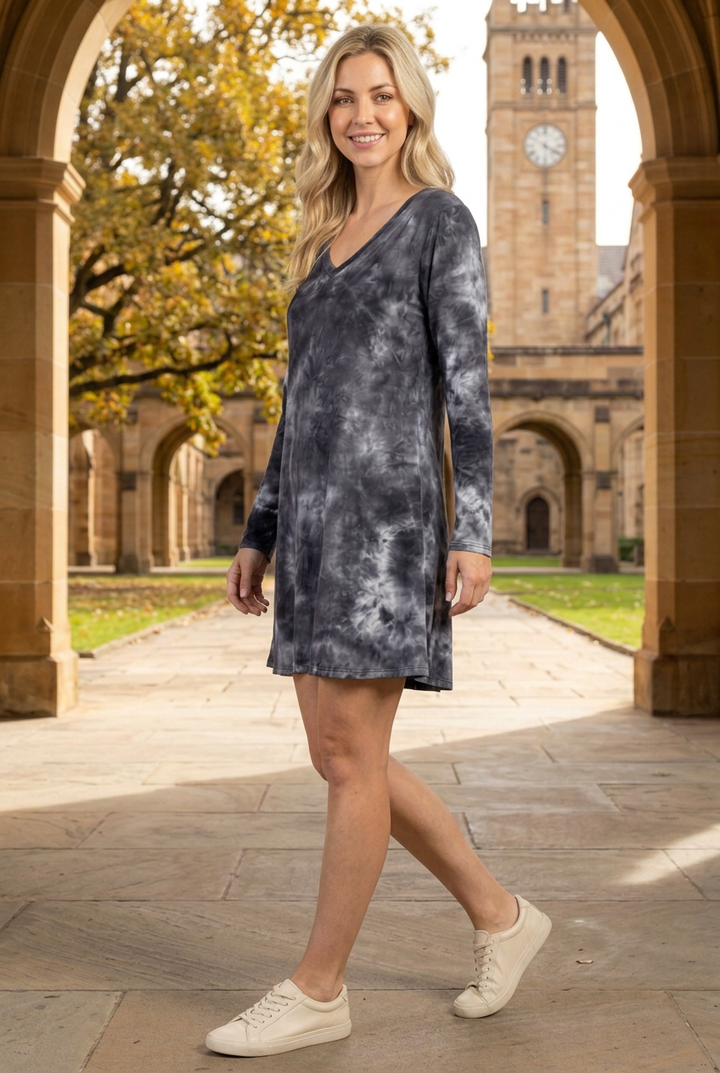 Charcoal tie-dye dress half-side lifestyle view