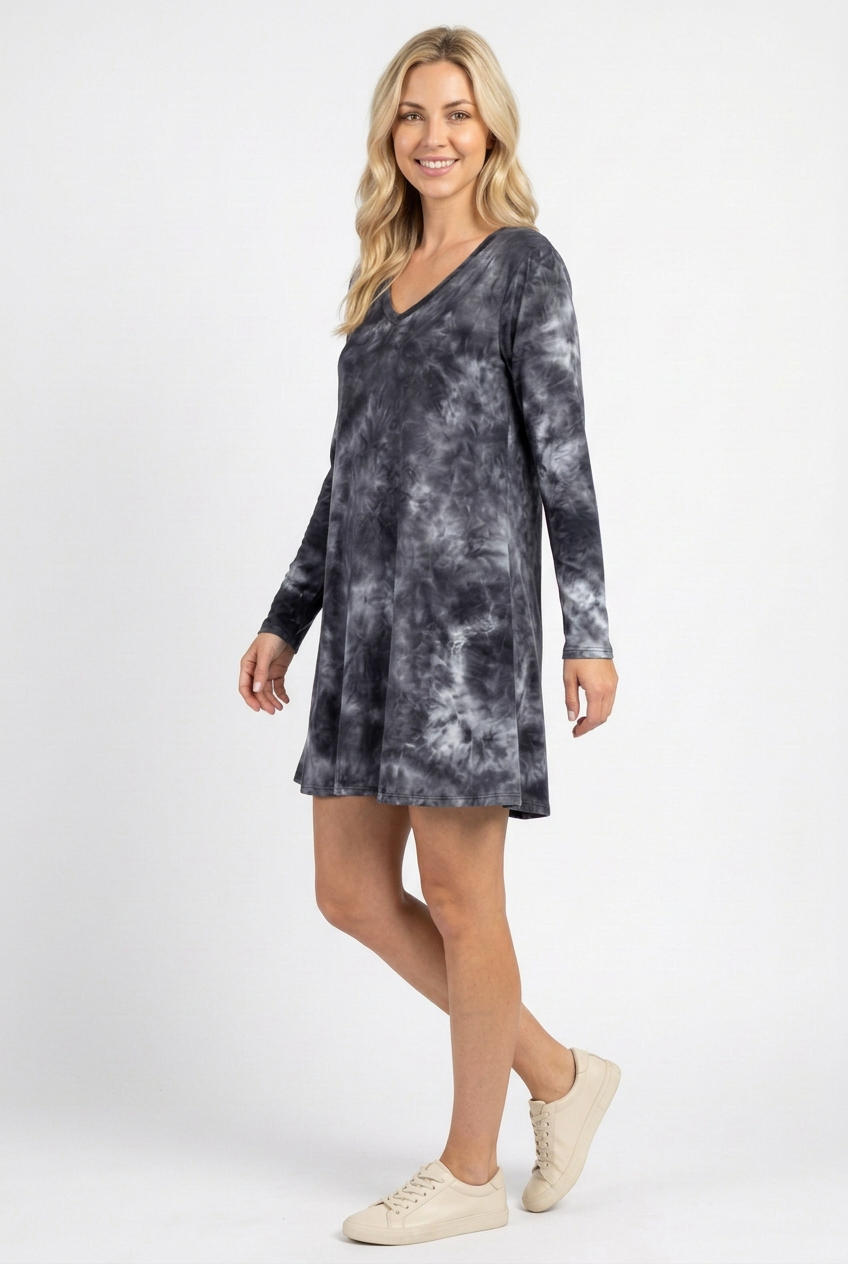 Charcoal tie-dye dress side studio view