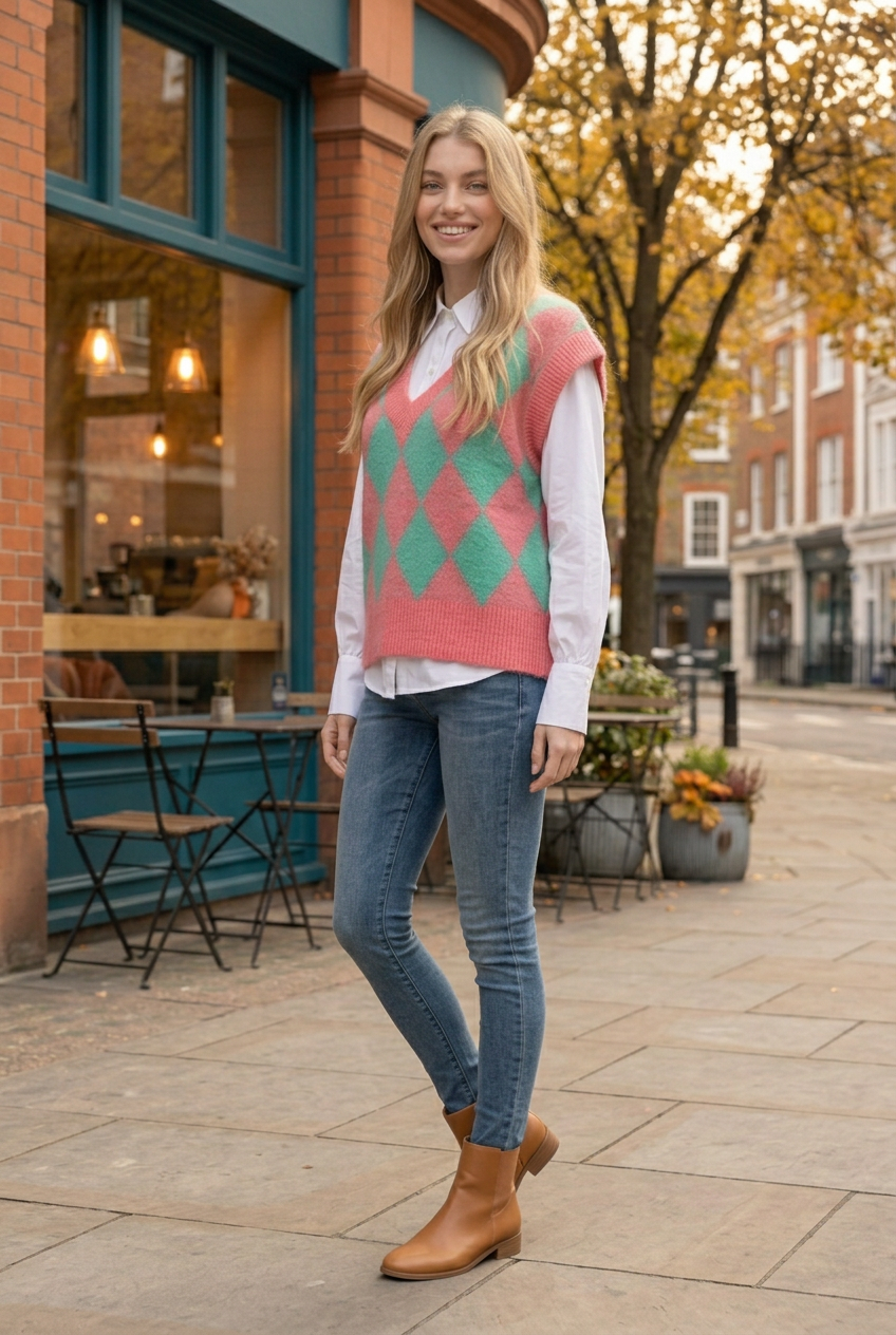 Cheerful half-side lifestyle pose in the autumn café setting