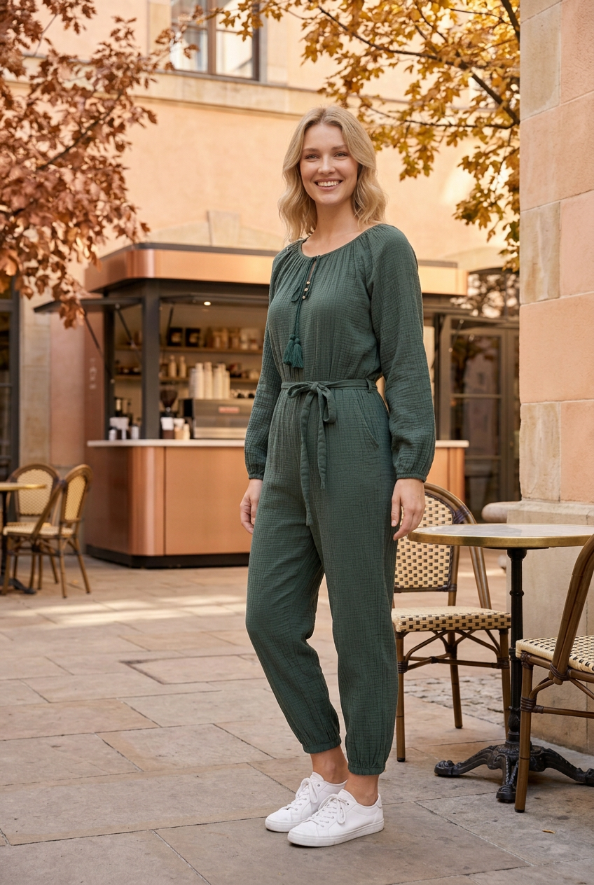 Cheerful half-side lifestyle pose wearing the forest-green jumpsuit