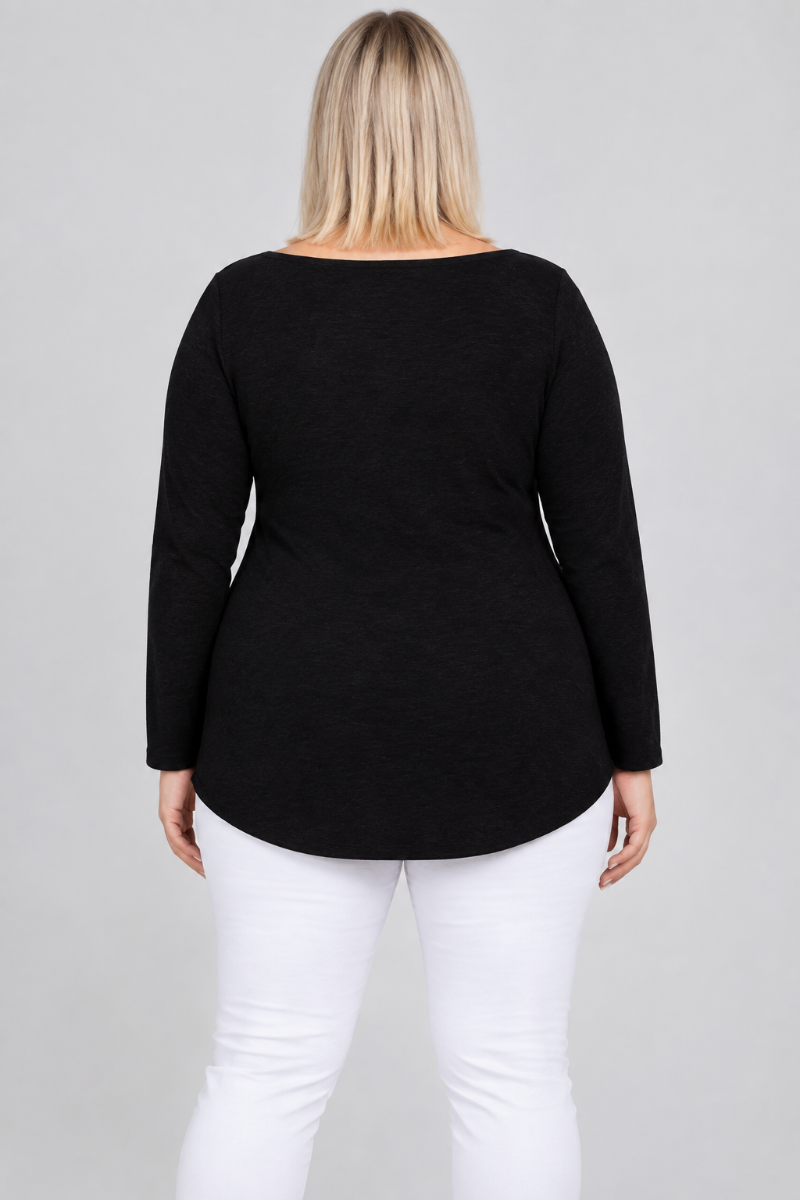 Corrected studio back view with the wide, shallow neckline, plain black top, and white pants