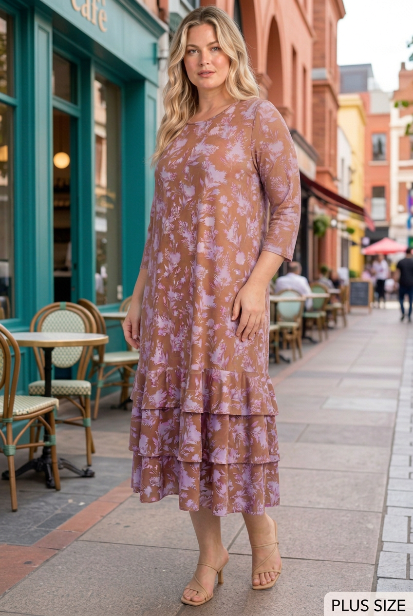 Curvy blonde model in a half-side pose in the café setting