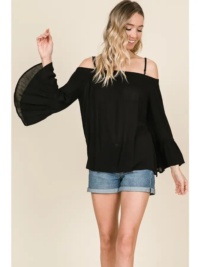 BLACK OFF SHOULDER LONG RUFFLED SLEEVES WOVEN TOP HMT1102