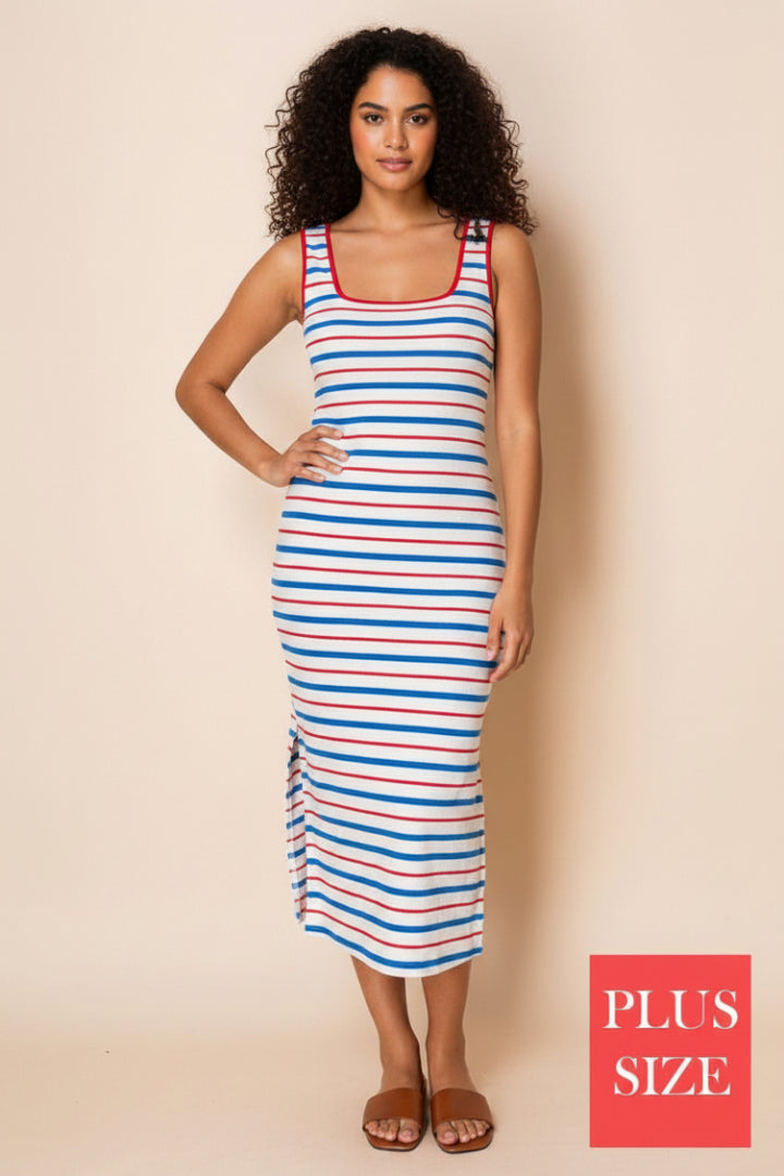 PLUS SIZE SLEEVELESS STRIPED MIDI DRESS