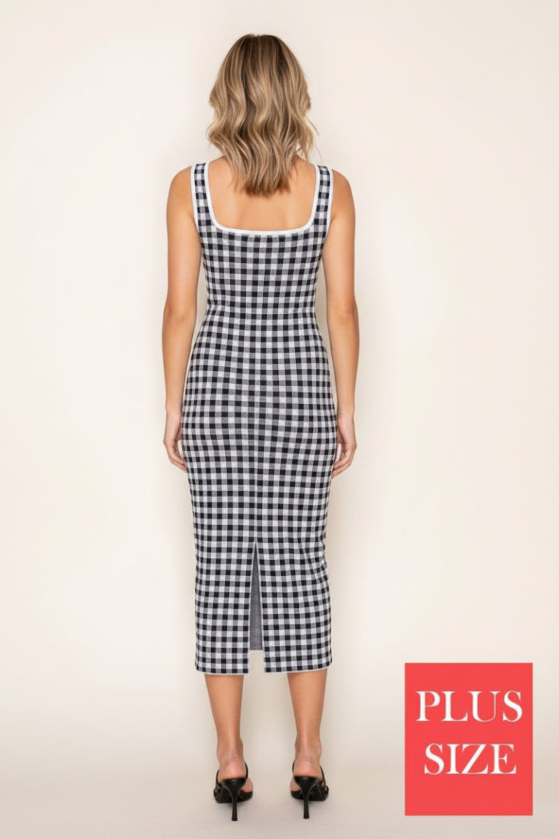 PLUS SIZE  GINGHAM KNIT DRESS WITH SQUARE NECK-WBD90797P