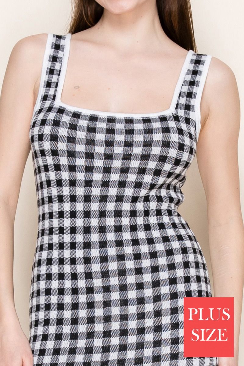 PLUS SIZE  GINGHAM KNIT DRESS WITH SQUARE NECK-WBD90797P