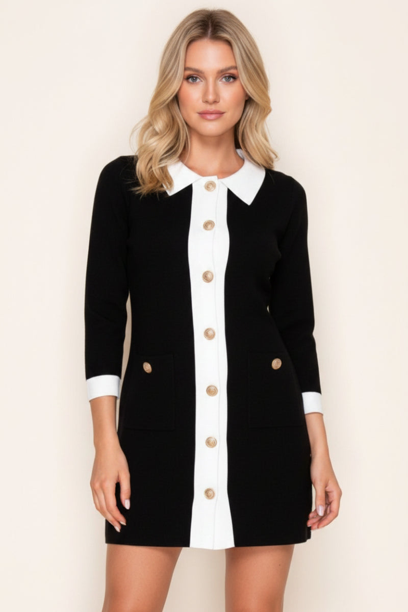 three-quarter sleeve solid knit dress with a button down*