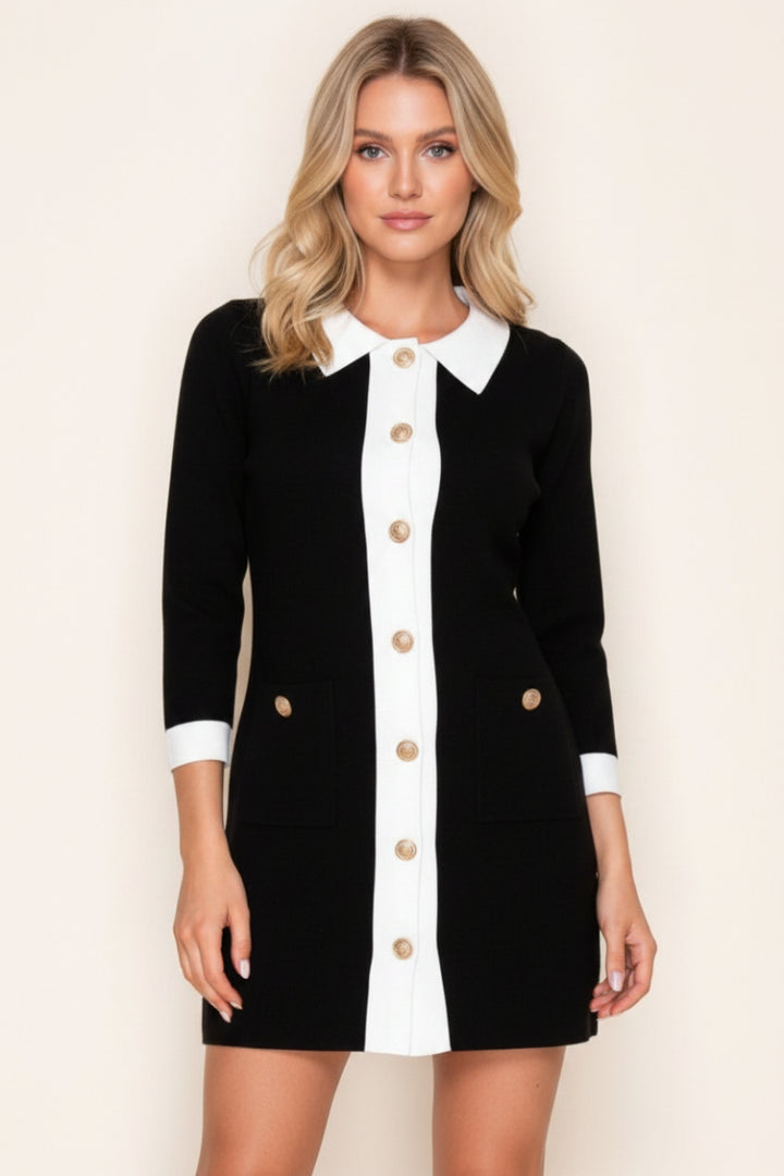 three-quarter sleeve solid knit dress with a button down*