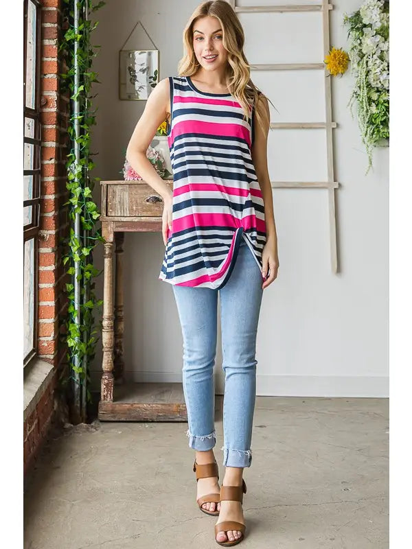 NAVY/FUCHSIA STRIPE SLEEVELESS TUNIC TOP HMST1088-21