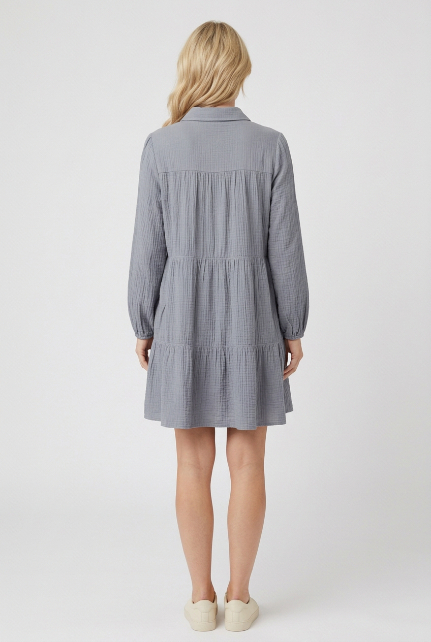 Dusty-blue tiered dress full-back studio view