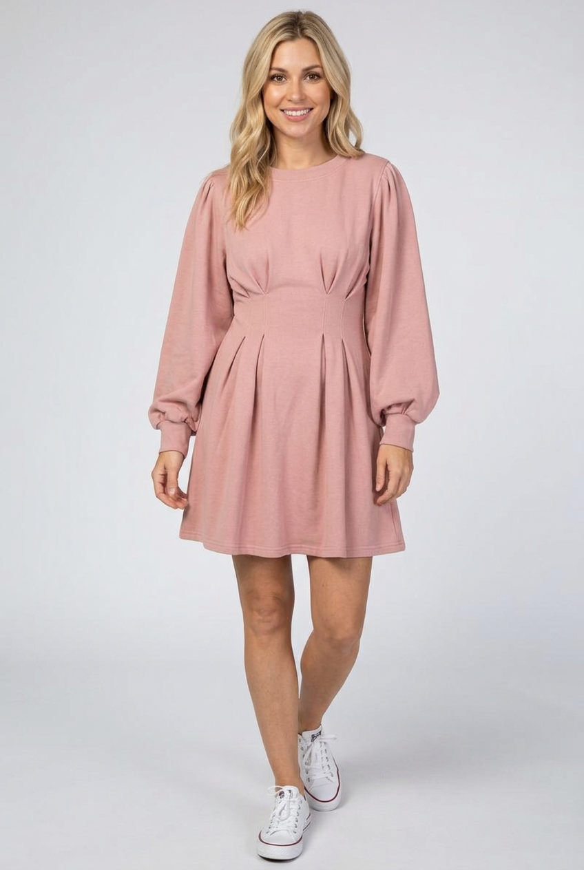 Dusty-pink dress on a new regular-size blonde model