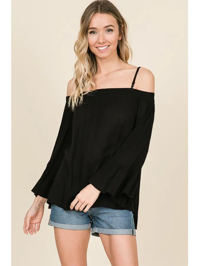 BLACK OFF SHOULDER LONG RUFFLED SLEEVES WOVEN TOP HMT1102