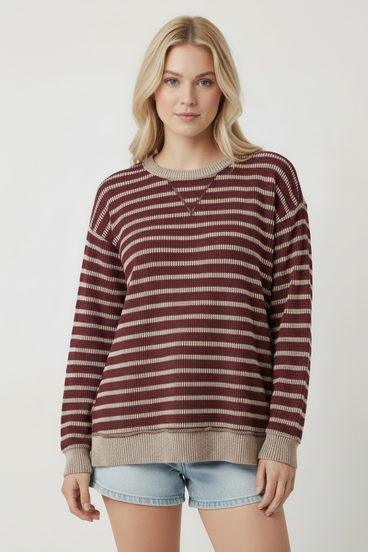 PLUS SIZE STRIPE LONG SLEEVE SWEATSHIT TOP HMET8084
