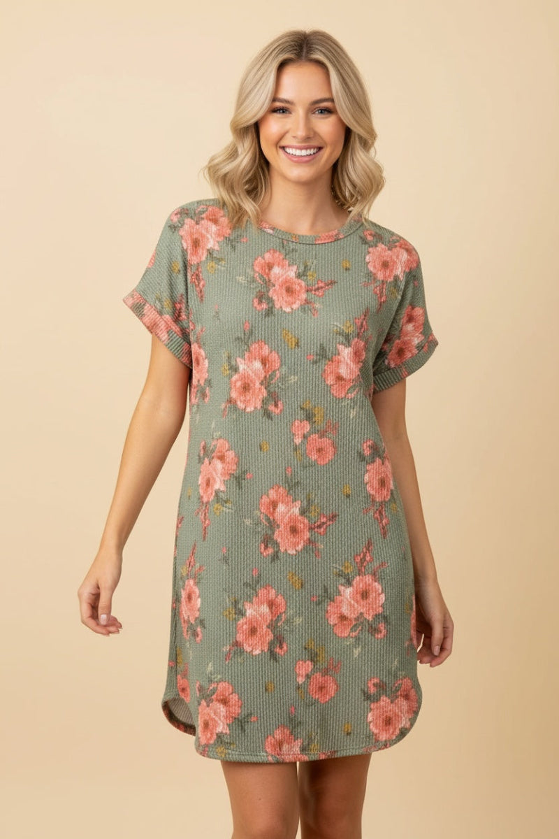 FLORAL PRINT ROUND HEM W/POCKETS MINI DRESS-HMED6807