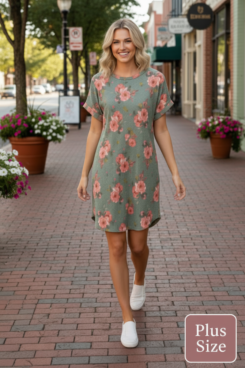 PLUS SIZE FLORAL PRINT ROUND HEM W/POCKETS MINI DRESS-HMED6807