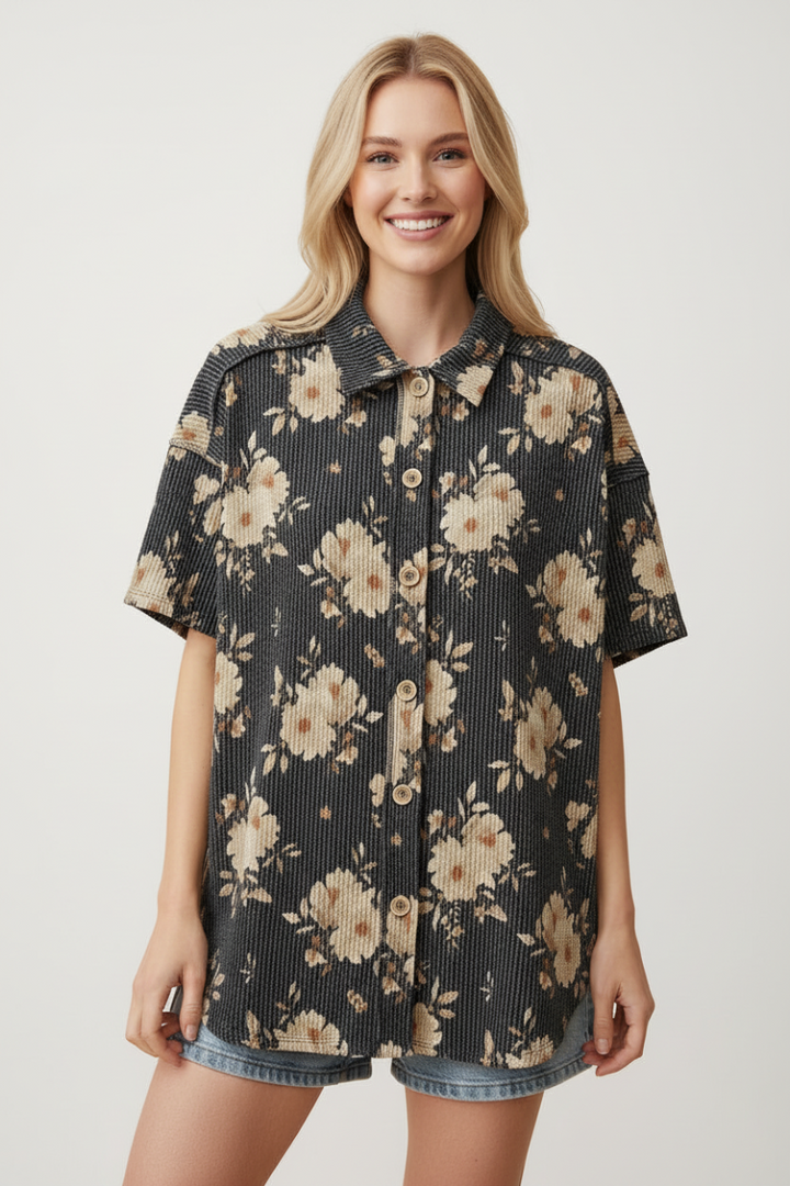 PLUS SIZE FLORAL PRINT COLLARED SHORT SLEEVE TOP HMET8040