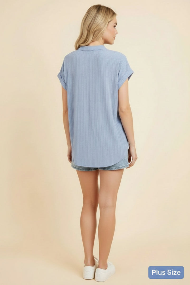 PLUS SIZE URBAN RIBBED MANDARIN COLLAR TOP-HMET8069