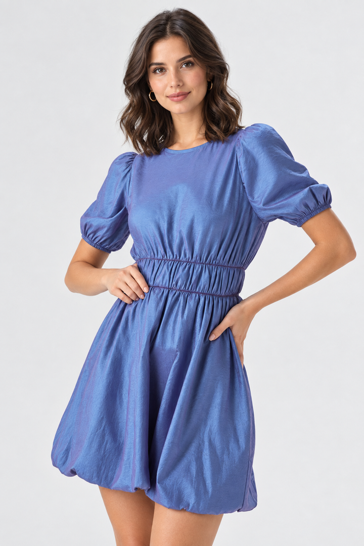 Front view, new model, blue puff-sleeve dress, plain studio background
