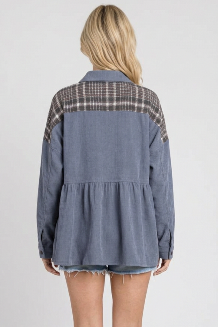 Full-back studio view of the blue-gray plaid-yoke jacket
