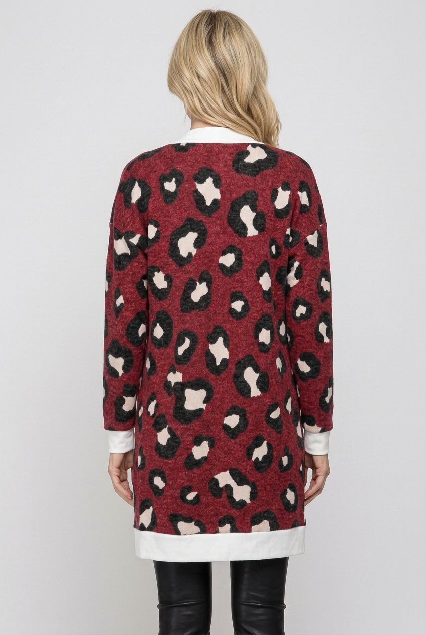 Full-back studio view of the burgundy leopard cardigan