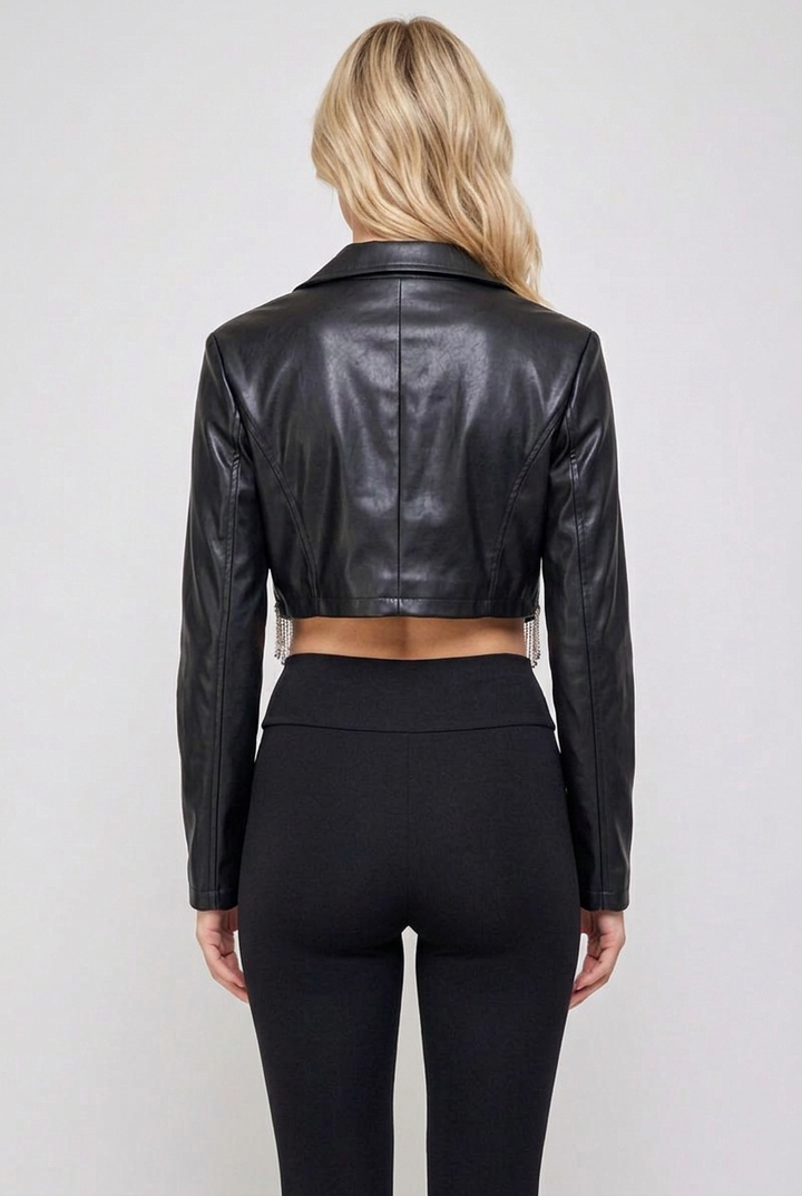 Full-back studio view of the cropped black jacket with black leggings