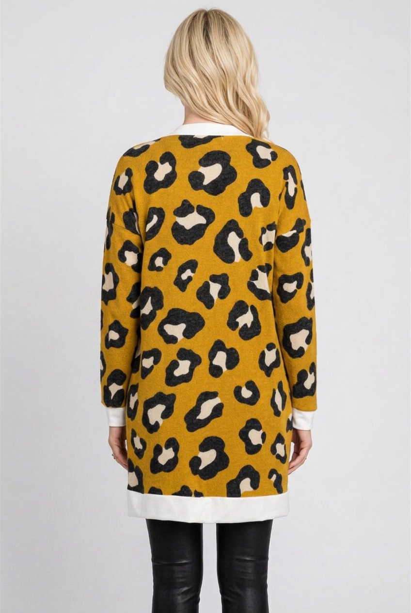 Full-back studio view of the mustard leopard cardigan