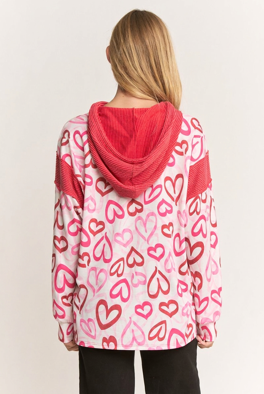 Full-back studio view of the outlined-heart hooded top