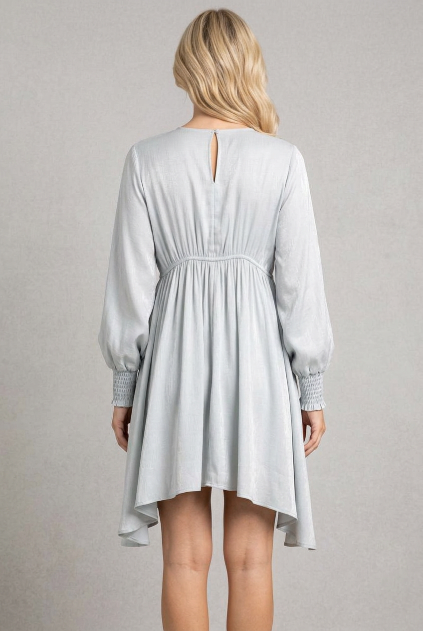 Full-back studio view of the pale blue-gray dress